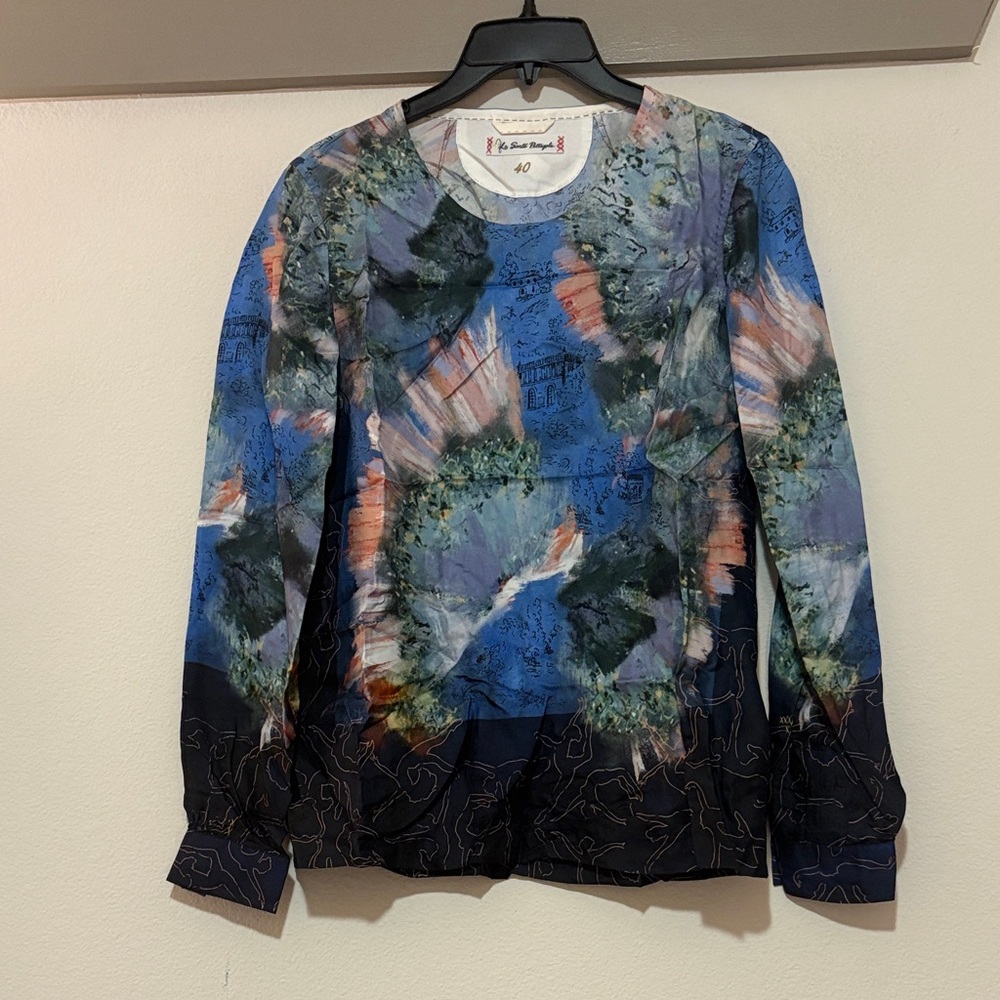 Le Sarte Pettegole Printed Silk Long Sleeve Blouse SZ 40/US 4 EUC